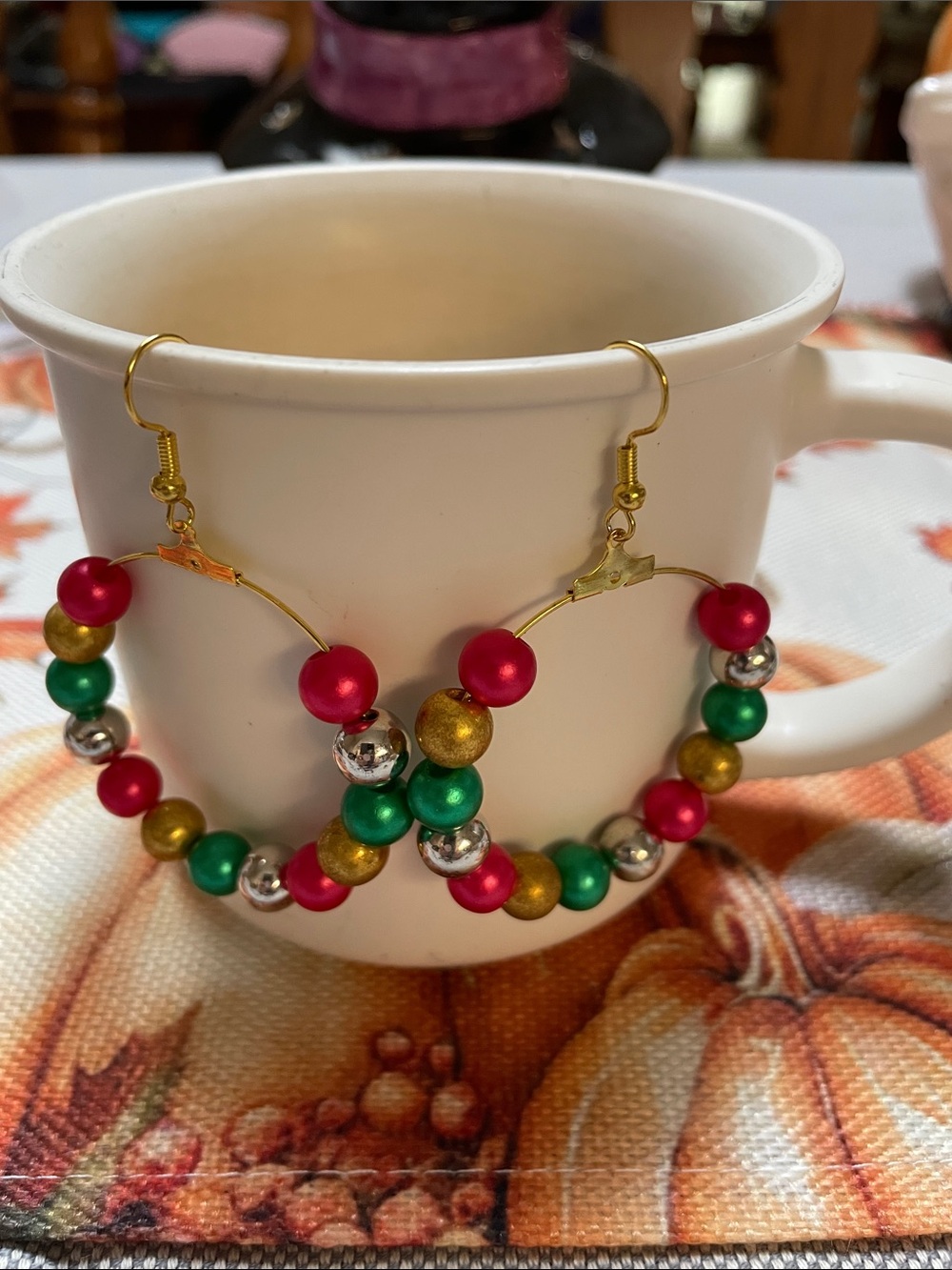 Handmade Festive Beaded Hoop Earrings - Red, Green & Gold